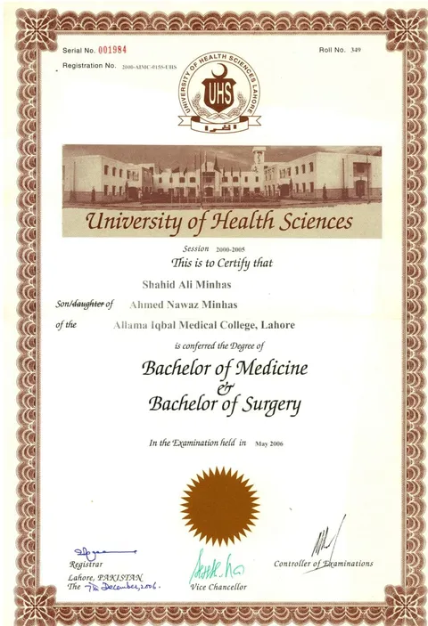 MBBS degree, University of Health Sciences Lahore
