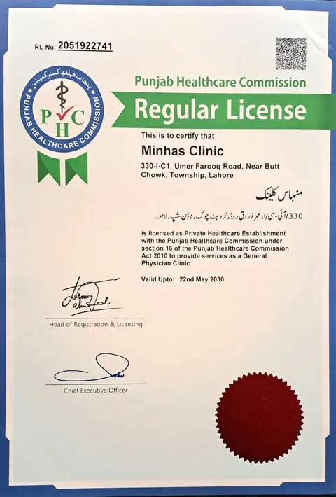 Punjab Healthcare Commission regular licence for Minhas Clinic
